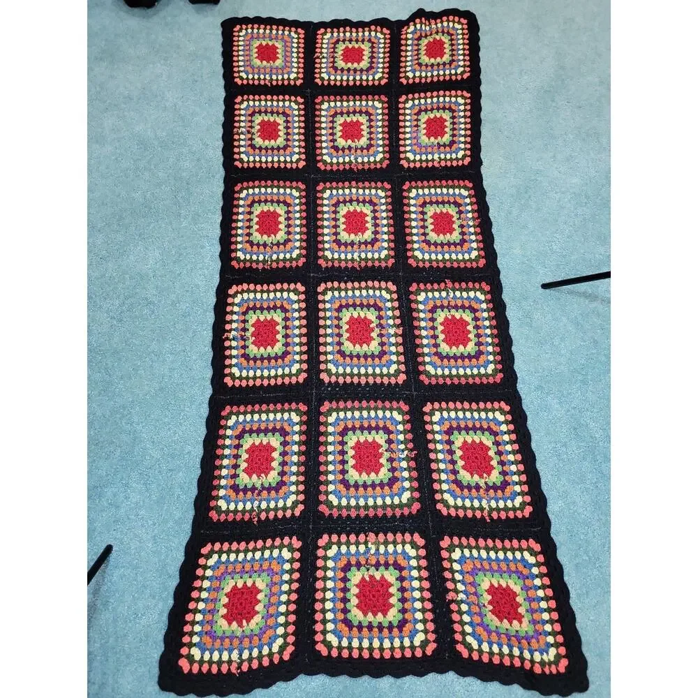 Vintage Black Granny Square Afghan Crochet Lap Blanket Throw Handmade 70x32